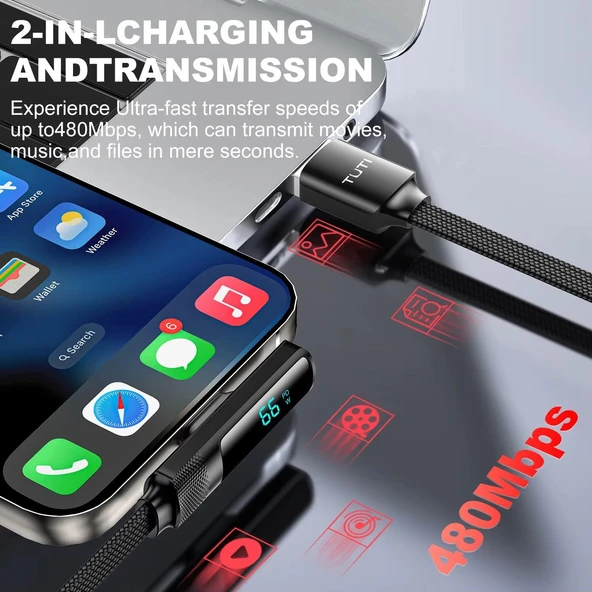 Valkyrie 66W Hızlı Şarj Kablosu – LED Ekranlı Type-C To USB Data Vertical Yatay Kablo 130cm - 3