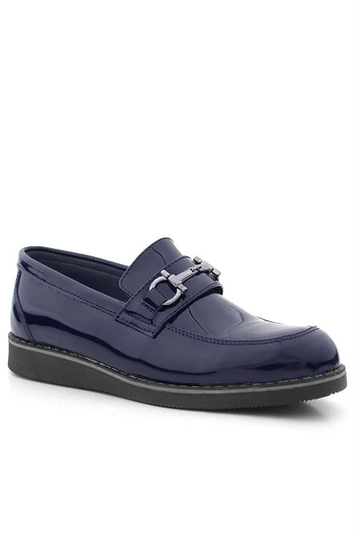 Rakerplus Hakiki Deri Lacivert Rugan Tokalı Loafer Çocuk Klasik Ayakkabı - Resim 2