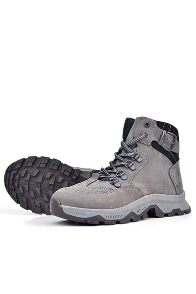 Rakerplus Hakiki Deri Gri Bağcıklı Fermuarlı Trekking Çocuk Bot - Resim 7