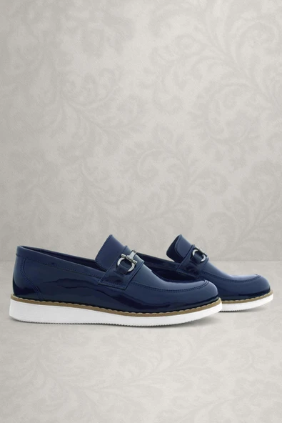 Rakerplus Hakiki Deri Lacivert Rugan Beyaz Tabanlı Loafer Çocuk Klasik Ayakkabı ürün görseli