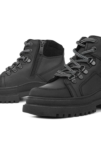 Rakerplus Hakiki Deri Siyah Cilt Fermuarlı Bağcıklı Çocuk Bot - Resim 7