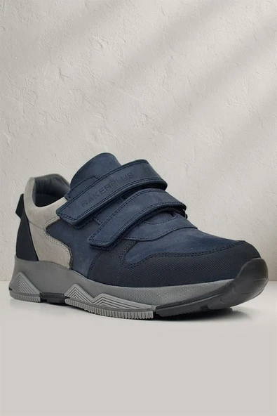 Rakerplus Hakiki Deri Lacivert Cırtlı Gri Tabanlı Çocuk Sneakers Spor Ayakkabı - Resim 8