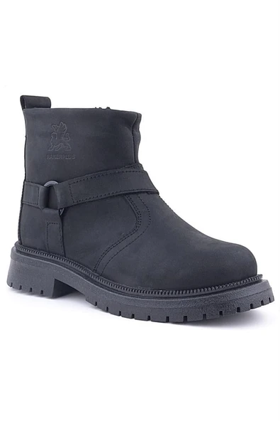 Gerçek Kürklü Hakiki Deri Siyah Nubuk Fermuarlı Çocuk Bot - Resim 2