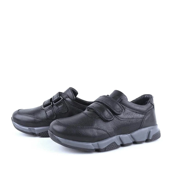 Hakiki Deri Siyah Cırtlı Unisex Çocuk Spor Okul Ayakkabısı - 3