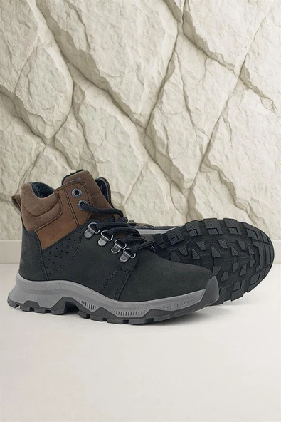 Rakerplus Hakiki Deri Siyah Kahverengi Fermuarlı Trekking Çocuk Bot - Resim 9