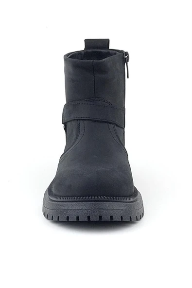 Gerçek Kürklü Hakiki Deri Siyah Nubuk Fermuarlı Çocuk Bot - Resim 4