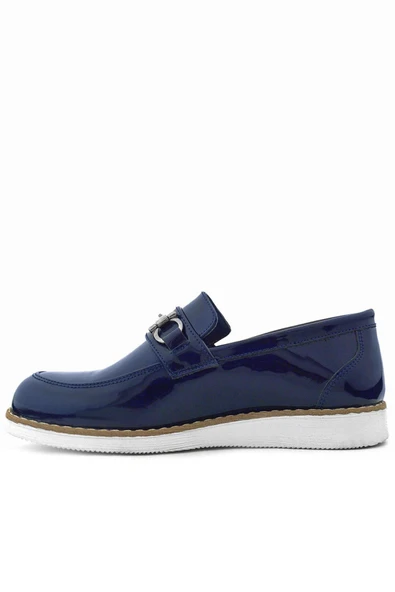 Rakerplus Hakiki Deri Lacivert Rugan Beyaz Tabanlı Loafer Çocuk Klasik Ayakkabı - Resim 5