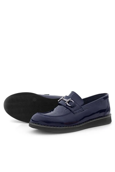 Rakerplus Hakiki Deri Lacivert Rugan Tokalı Loafer Çocuk Klasik Ayakkabı - Resim 7