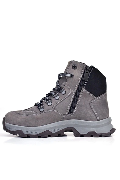 Rakerplus Hakiki Deri Gri Bağcıklı Fermuarlı Trekking Çocuk Bot - Resim 12