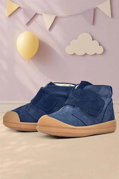 Rakerplus Yoohoo Hakiki Deri Koyu Lacivert Cırtlı Unisex Bebek Bot - Resim 9