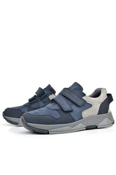 Rakerplus Hakiki Deri Lacivert Cırtlı Gri Tabanlı Çocuk Sneakers Spor Ayakkabı - Resim 5