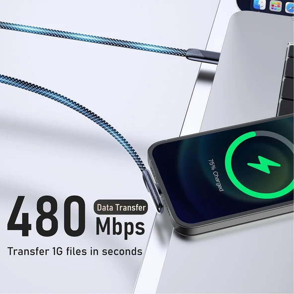 Valkyrie Tuti Süper Hızlı 60W PD Type-C Şarj ve Data Kablosu - Dayanıklı Örgülü Tasarım Vertical Yatay Kablo 130cm - 2