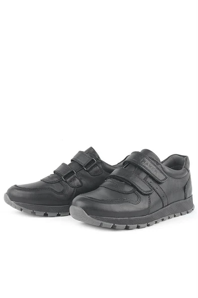 Hakiki Deri Siyah Cırtlı Spor Çocuk Ayakkabı Sneaker - Resim 3