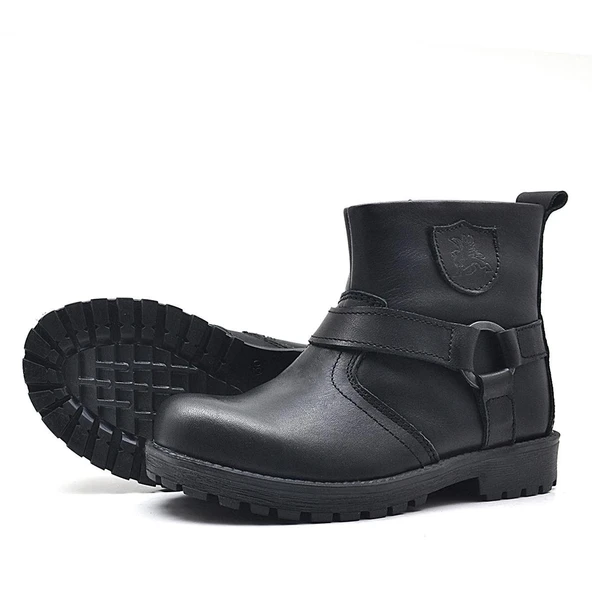 Rakerplus Chiron Hakiki Deri Siyah Fermuarlı Çocuk Çizme Bot - Resim 5