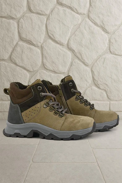 Rakerplus Hakiki Deri Kum Rengi Fermuarlı Trekking Çocuk Bot - Resim 10