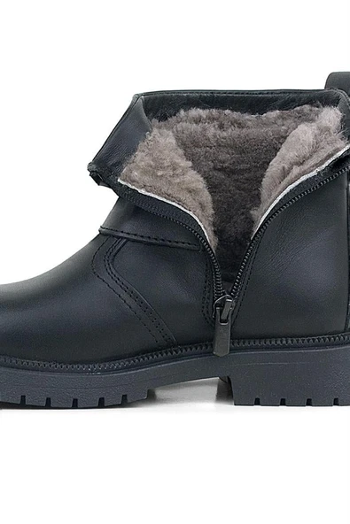 Gerçek Kürklü Hakiki Deri Siyah Fermuarlı Çocuk Bot - Resim 10