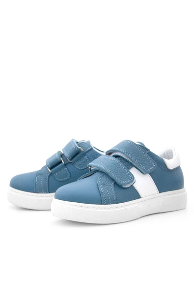 Hakiki Deri Mavi Beyaz Cırt Cırtlı Çocuk Spor Ayakkabı - Resim 6