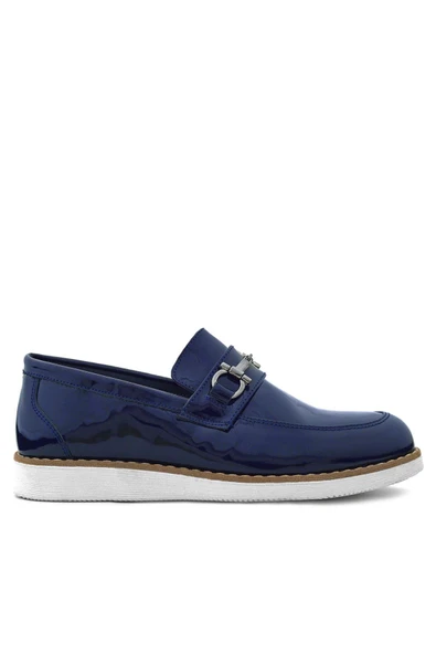 Rakerplus Hakiki Deri Lacivert Rugan Beyaz Tabanlı Loafer Çocuk Klasik Ayakkabı - Resim 3