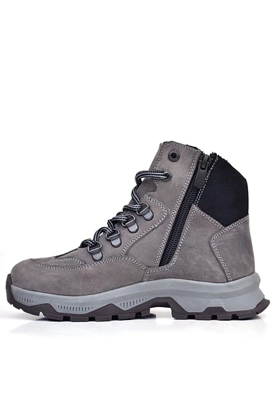 Rakerplus Hakiki Deri Gri Bağcıklı Fermuarlı Trekking Çocuk Bot - Resim 4