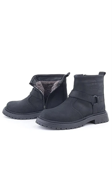 Gerçek Kürklü Hakiki Deri Siyah Nubuk Fermuarlı Çocuk Bot - Resim 6