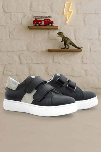 Hakiki Deri Siyah Gri Cırt Cırtlı Çocuk Spor Ayakkabı ürün görseli