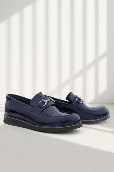Rakerplus Hakiki Deri Lacivert Rugan Tokalı Loafer Çocuk Klasik Ayakkabı ürün görseli