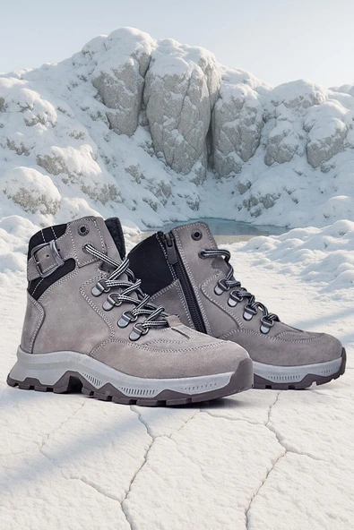 Rakerplus Hakiki Deri Gri Bağcıklı Fermuarlı Trekking Çocuk Bot - Resim 8