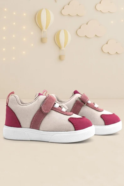 Rakerplus Hakiki Deri Pembe Krem Cırtlı Kız Bebek Ayakkabı ürün görseli