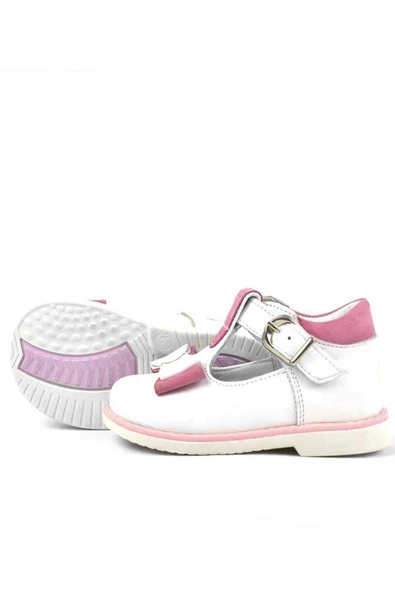Hakiki Deri Beyaz Pembe Fiyonklu Kız Bebek Çocuk Sandalet Ayakkabı - 4