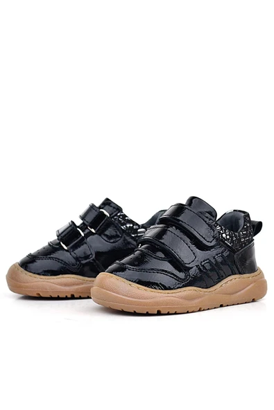 Rakerplus Schaggy Hakiki Deri Parlak Siyah Bebek Spor Ayakkabı - Resim 4