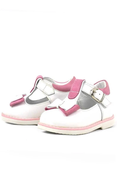 Hakiki Deri Beyaz Pembe Fiyonklu Kız Bebek Çocuk Sandalet Ayakkabı - 3
