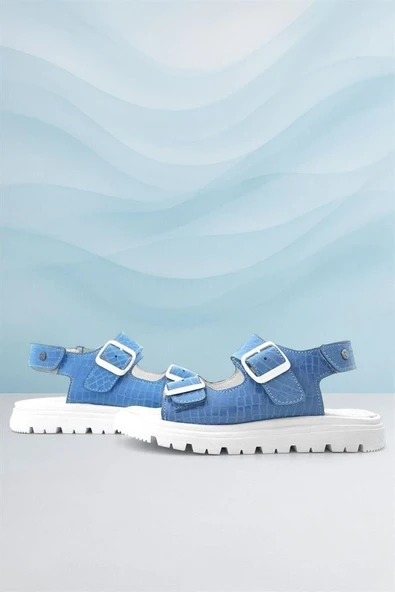 Hakiki Deri Mavi Desenli Tokalı Kız Çocuk Sandalet - 9
