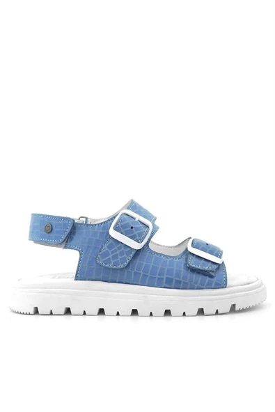 Hakiki Deri Mavi Desenli Tokalı Kız Çocuk Sandalet - 11