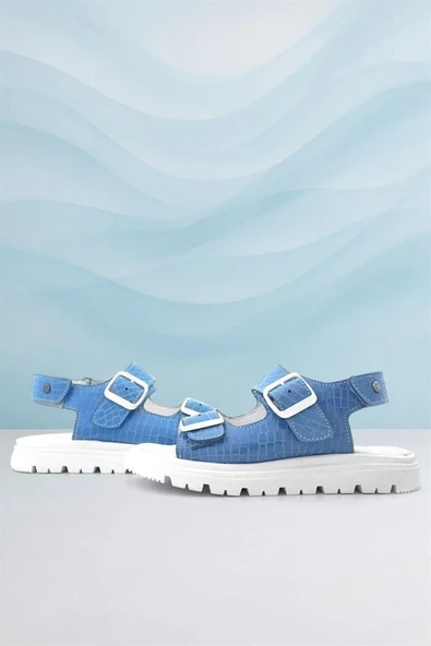 Hakiki Deri Mavi Desenli Tokalı Kız Çocuk Sandalet