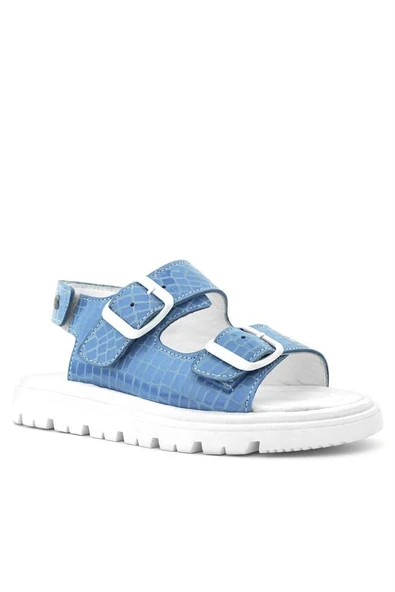Hakiki Deri Mavi Desenli Tokalı Kız Çocuk Sandalet - 2