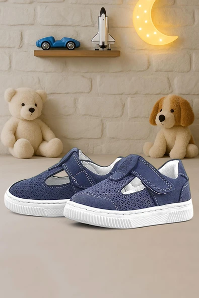Rakerplus Bheem Hakiki Deri Lacivert Nubuk Cırtlı Bebek Sneaker Sandalet