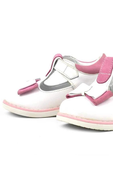 Hakiki Deri Beyaz Pembe Fiyonklu Kız Bebek Çocuk Sandalet Ayakkabı - 6