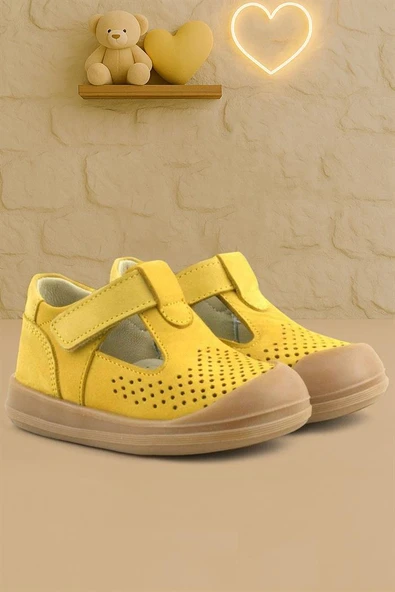 Rakerplus Shaun Hakiki Deri Sarı Cırtlı Anatomik Bebek Sandalet ürün görseli 1