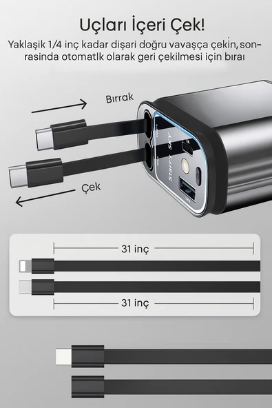 QASUL 4 in 1 Geri Çekilebilir Araç Şarj Cihazı Starlight Araba Çatı Yıldız Gece Lambası Çift Araç Şarj Adaptörü - 6