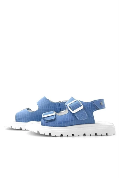 Hakiki Deri Mavi Desenli Tokalı Kız Çocuk Sandalet - 6