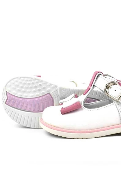 Hakiki Deri Beyaz Pembe Fiyonklu Kız Bebek Çocuk Sandalet Ayakkabı - 5