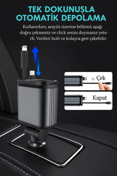 QASUL 4 in 1 Geri Çekilebilir Araç Şarj Cihazı Starlight Araba Çatı Yıldız Gece Lambası Çift Araç Şarj Adaptörü - 8