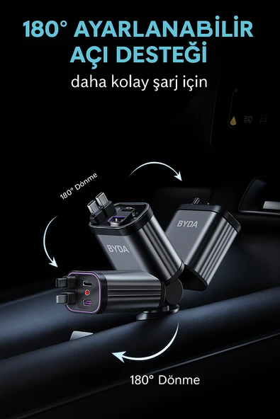 QASUL 4 in 1 Geri Çekilebilir Araç Şarj Cihazı Starlight Araba Çatı Yıldız Gece Lambası Çift Araç Şarj Adaptörü - 9