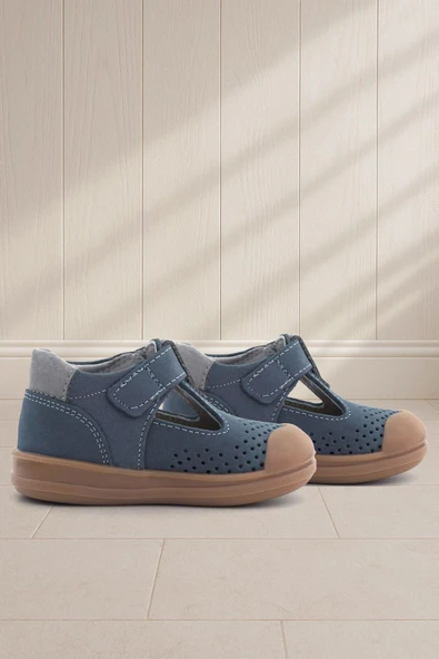 Rakerplus Shaun Hakiki Deri Lacivert Gri Cırtlı Anatomik Bebek Sandalet