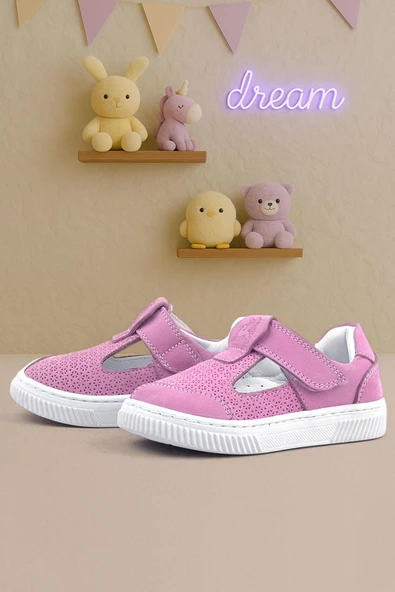 Rakerplus Bheem Hakiki Deri Pembe Cırtlı Bebek Sneaker Sandalet