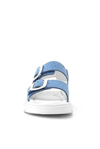 Hakiki Deri Mavi Desenli Tokalı Kız Çocuk Sandalet - 4