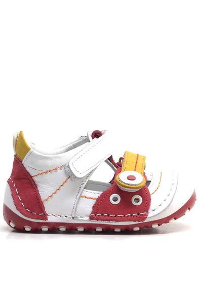 Hakiki Deri Sarı Kırmızı Cırtlı Yazlık İlk Adım Ayakkabı - Resim 2