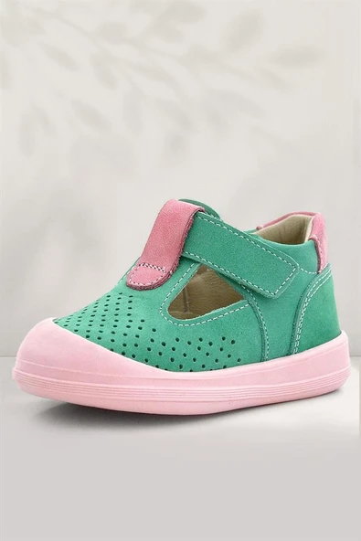 Rakerplus Shaun Hakiki Deri Su Yeşili Pembe Cırtlı Anatomik Kız Bebek Sandalet ürün görseli 1