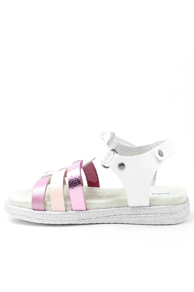 Artico Bellini Vaketa Hakiki Deri Beyaz Fuşya Pembe Kız Bebek Çocuk Sandalet - 3