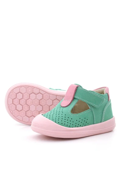 Rakerplus Shaun Hakiki Deri Su Yeşili Pembe Cırtlı Anatomik Kız Bebek Sandalet - 7